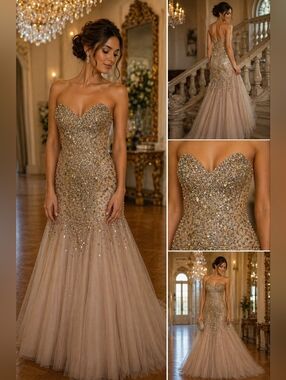 Terani Couture Glamour Champagne Crystal Strapless Mermaid Tulle Dress Size6